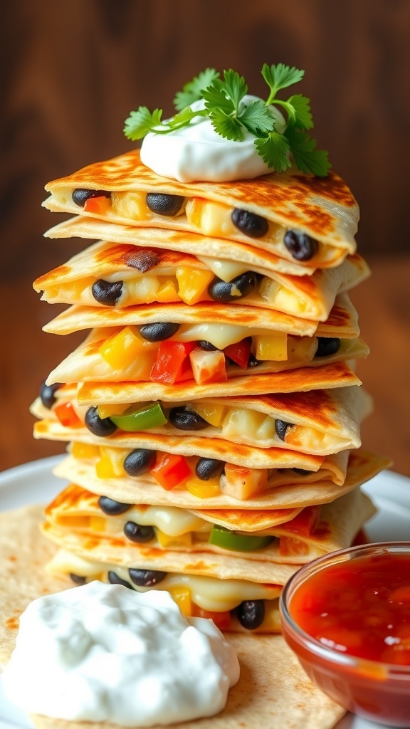 A layered quesadilla tower with cheese, black beans, and vegetables, garnished with cilantro, served with sour cream and salsa.